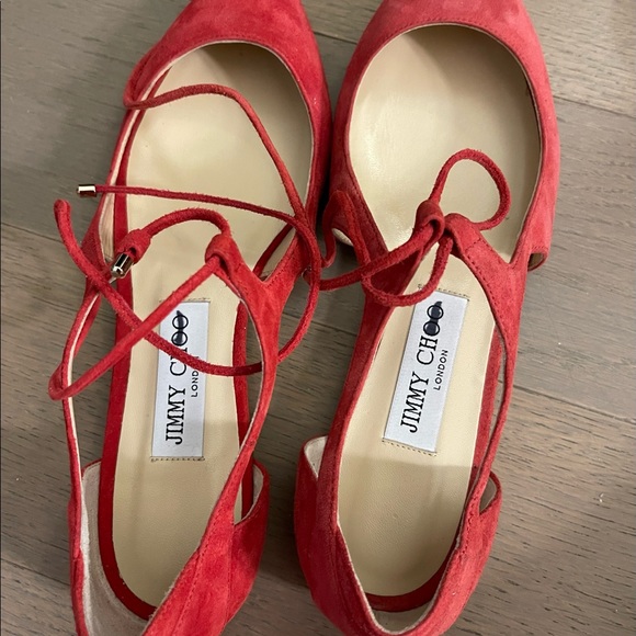 Jimmy Choo Red Vanessa Suede Strap Lace Pointed Toe Ballet Flats 37.5